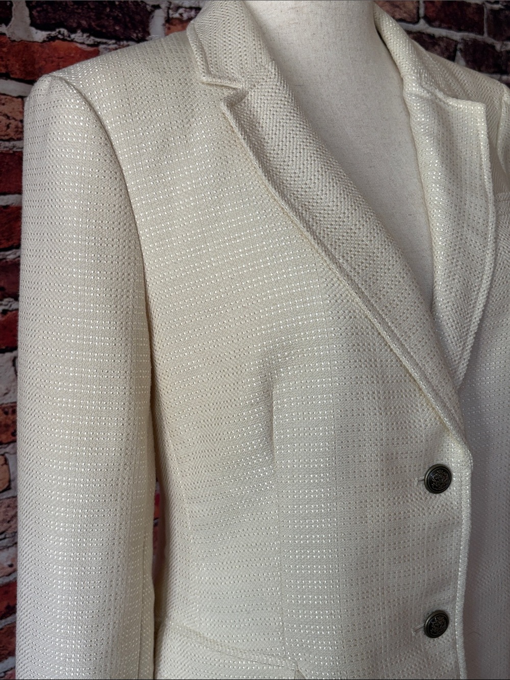 Banana Republic Ivory Cream Textured Tweed Fringe Accent Button Blazer Sz 14 XL